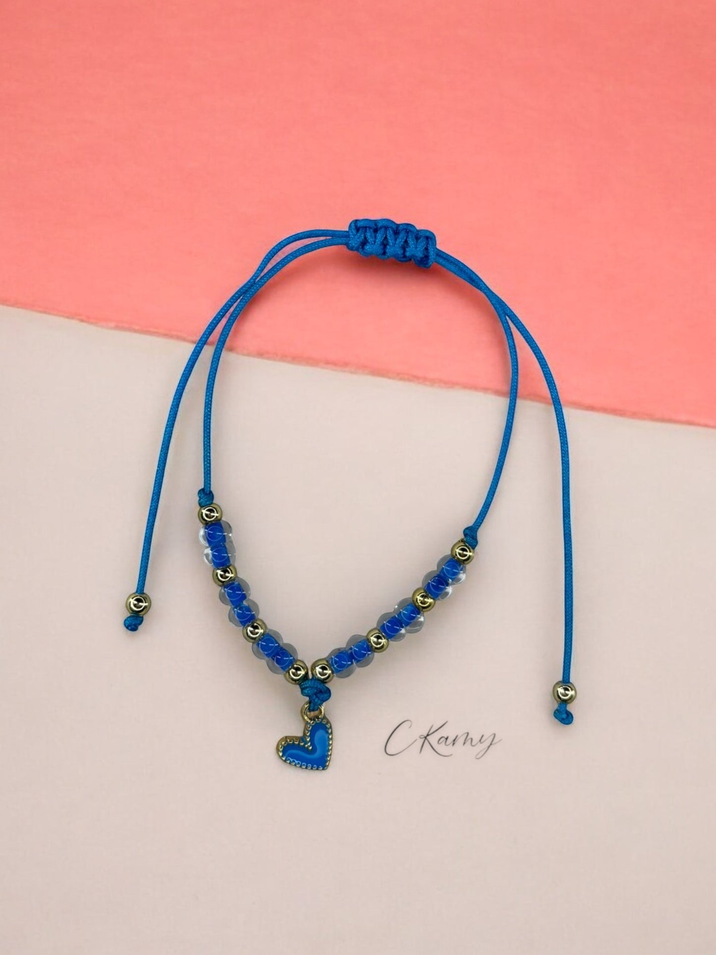 Bracelet enfant cordon accroche coeur bleu