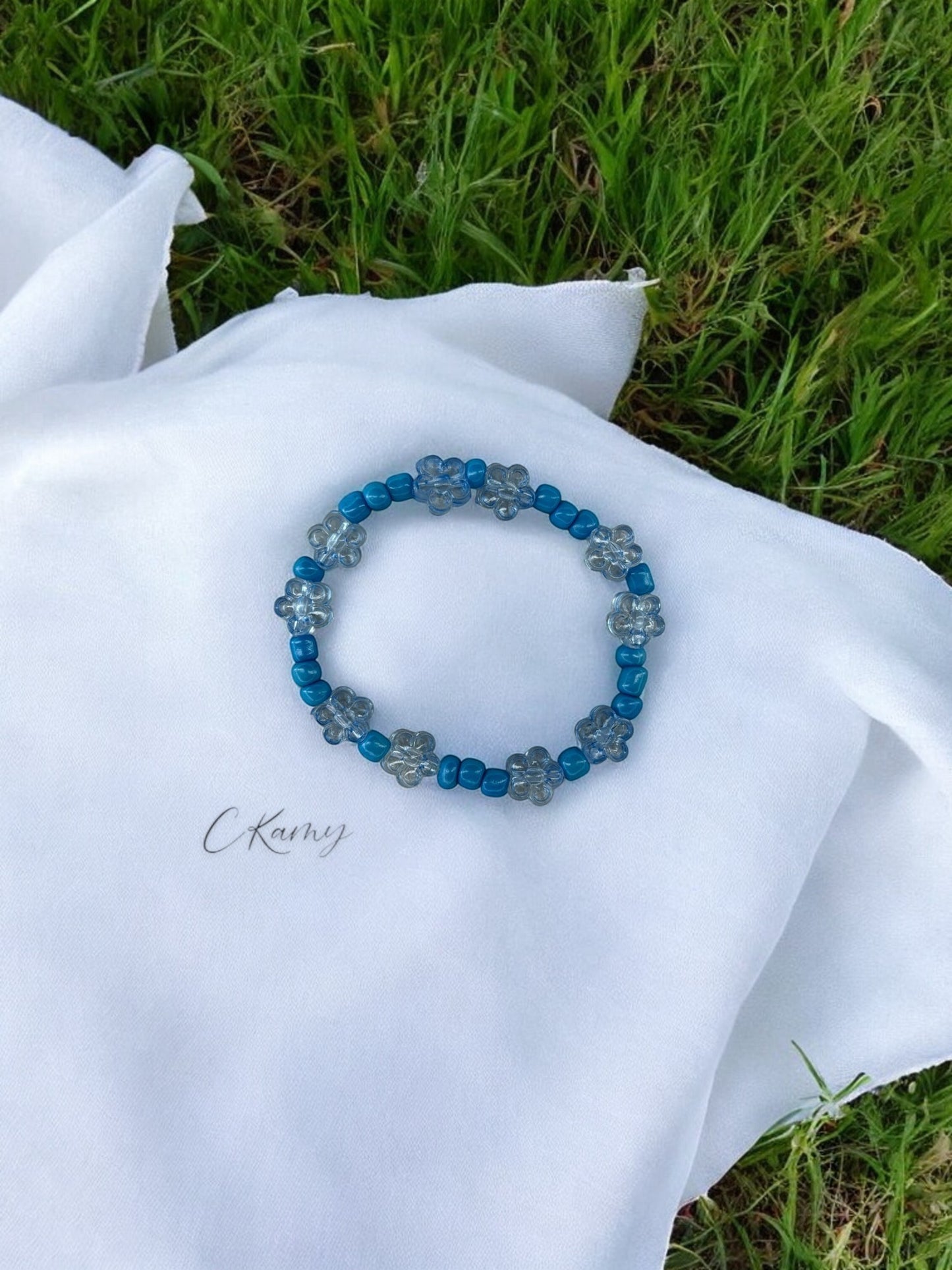 Bracelet enfant tour fleurs bleu