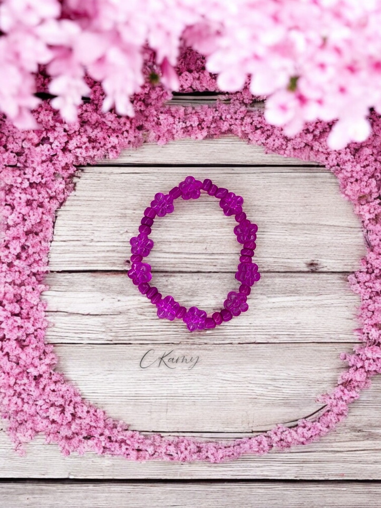 Bracelet enfant tour fleurs rose foncé