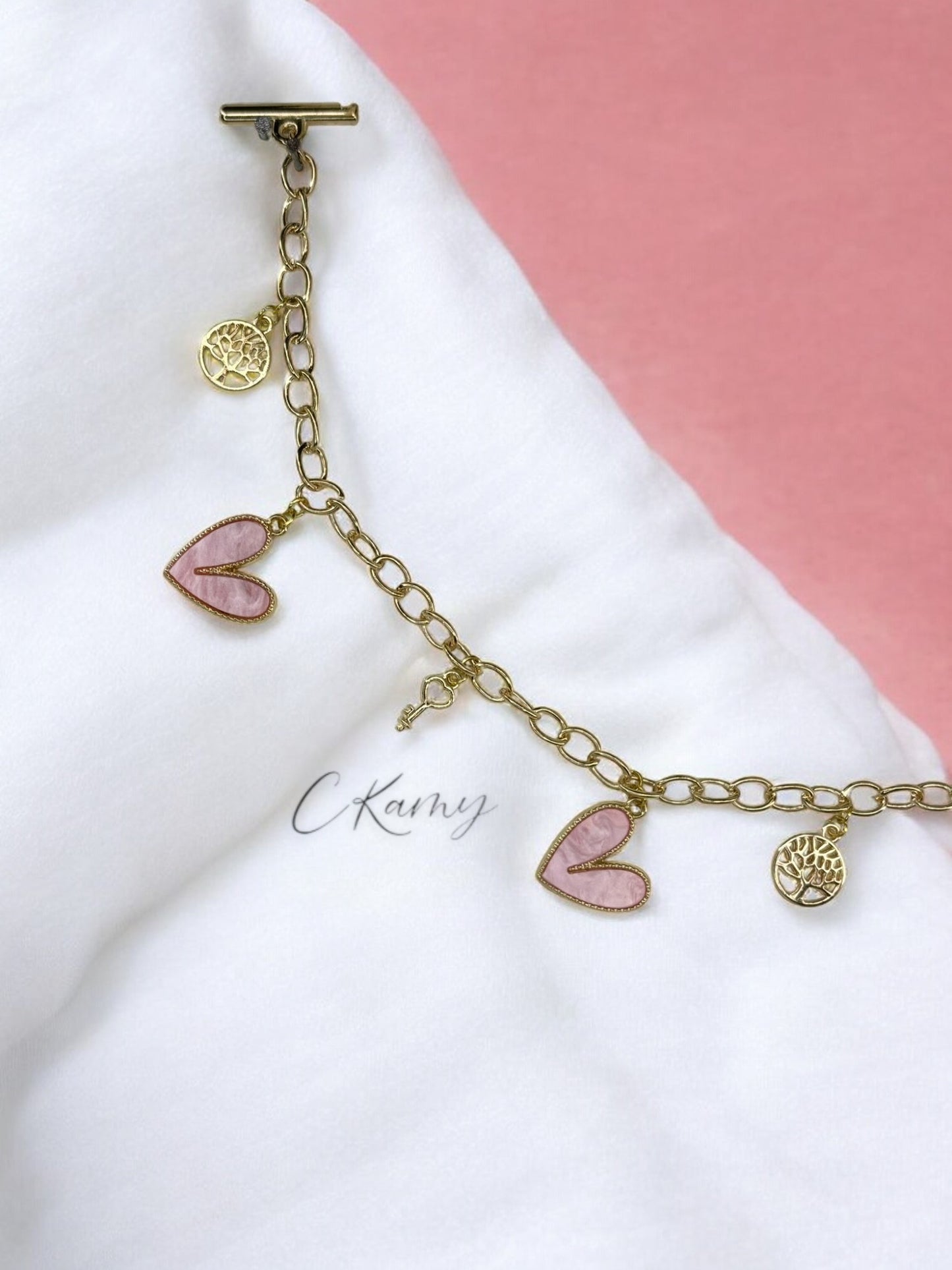 Bracelet femme chaîne gros coeur rose