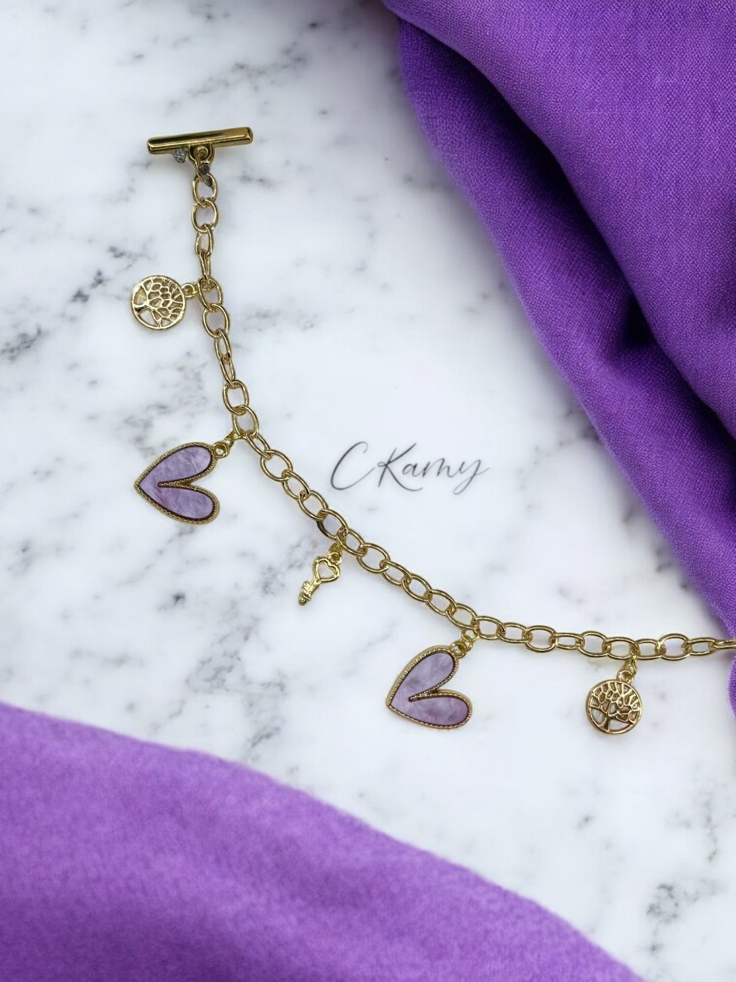 Bracelet femme chaîne gros coeur violet