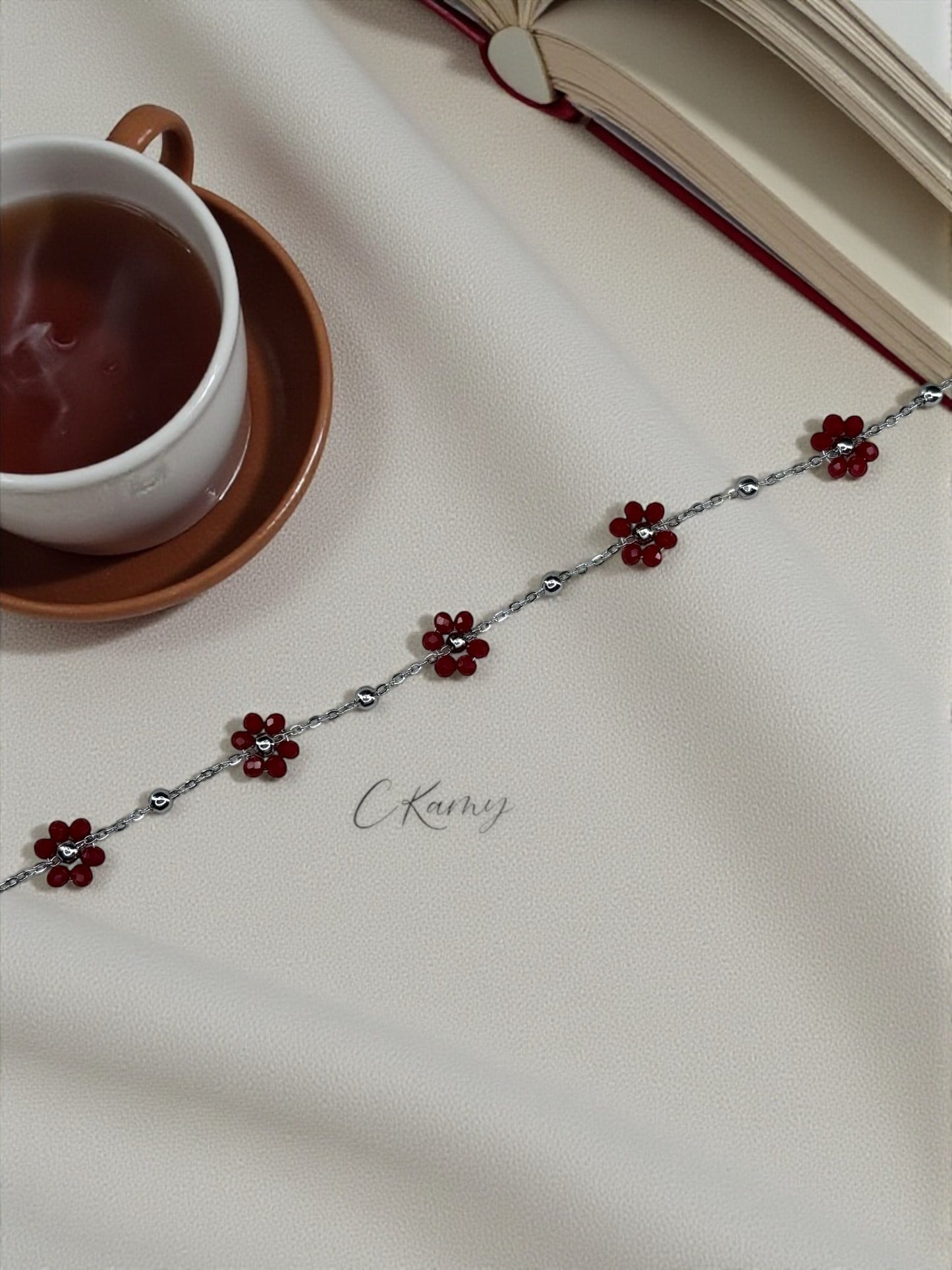 Bracelet femme chaînette argent fleurs rouge