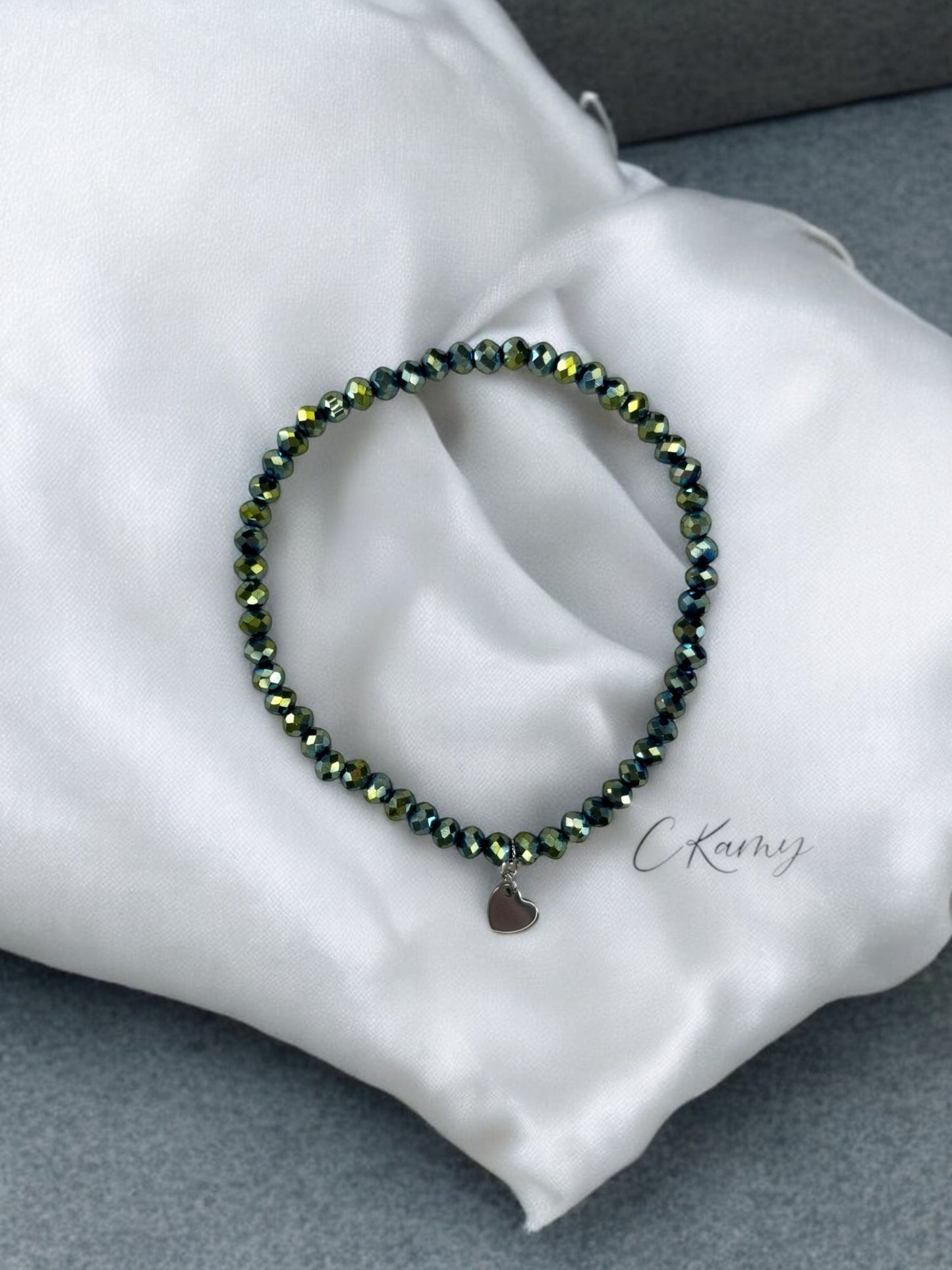 Bracelet femme coeur argent facettes 4mm vert doré