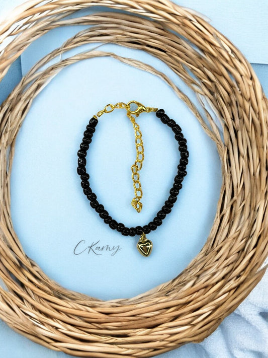 Bracelet femme coeur bombé rocaille noir