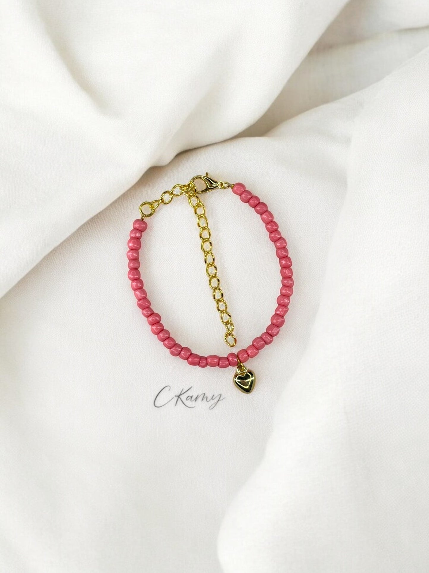 Bracelet femme coeur bombé rocaille rose saumon