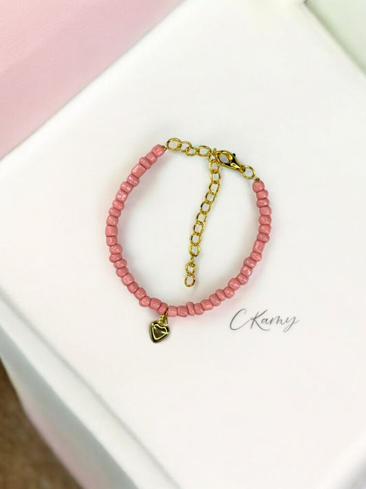 Bracelet femme coeur bombé rocaille rose saumon clair