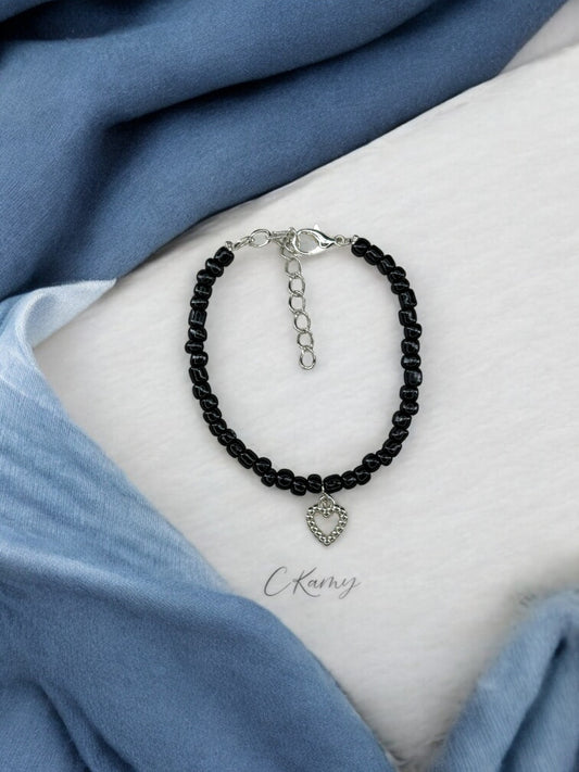 Bracelet femme coeur perlé rocaille noir