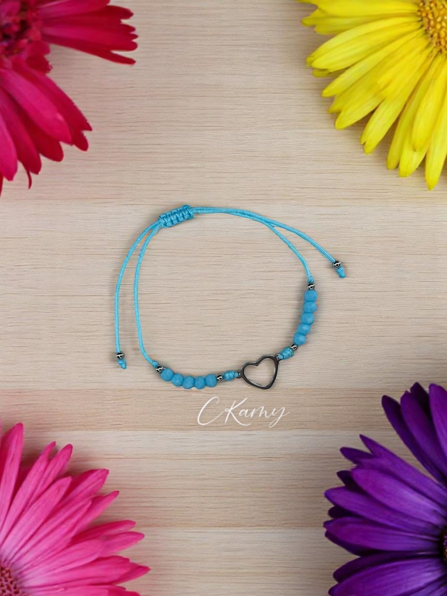 Bracelet femme cordon coeur argent facettes bleu