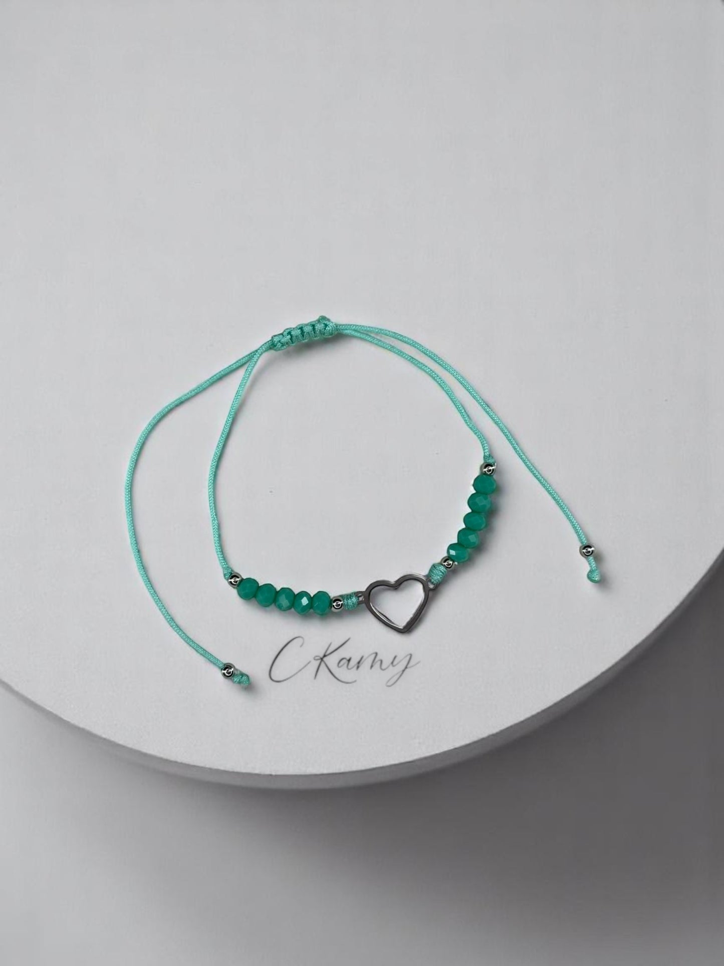 Bracelet femme cordon coeur argent facettes bleu vert