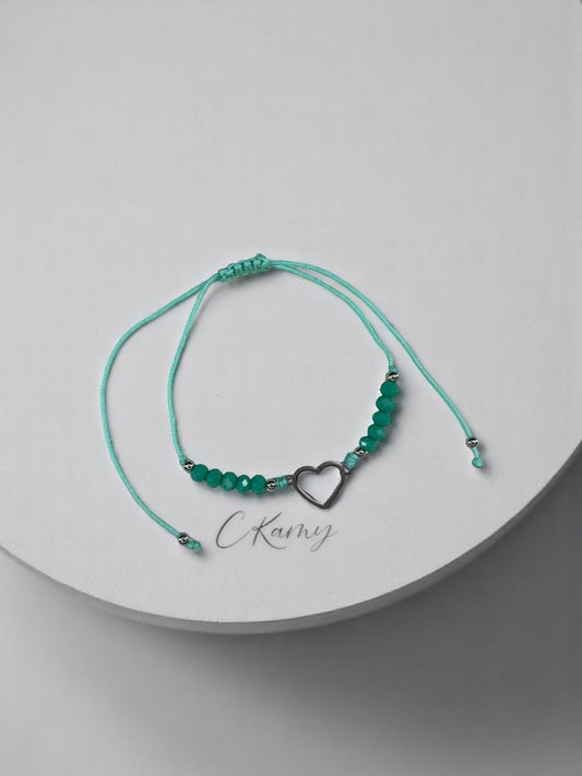 Bracelet femme cordon coeur argent facettes bleu vert