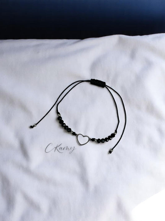 Bracelet femme cordon coeur argent facettes noir