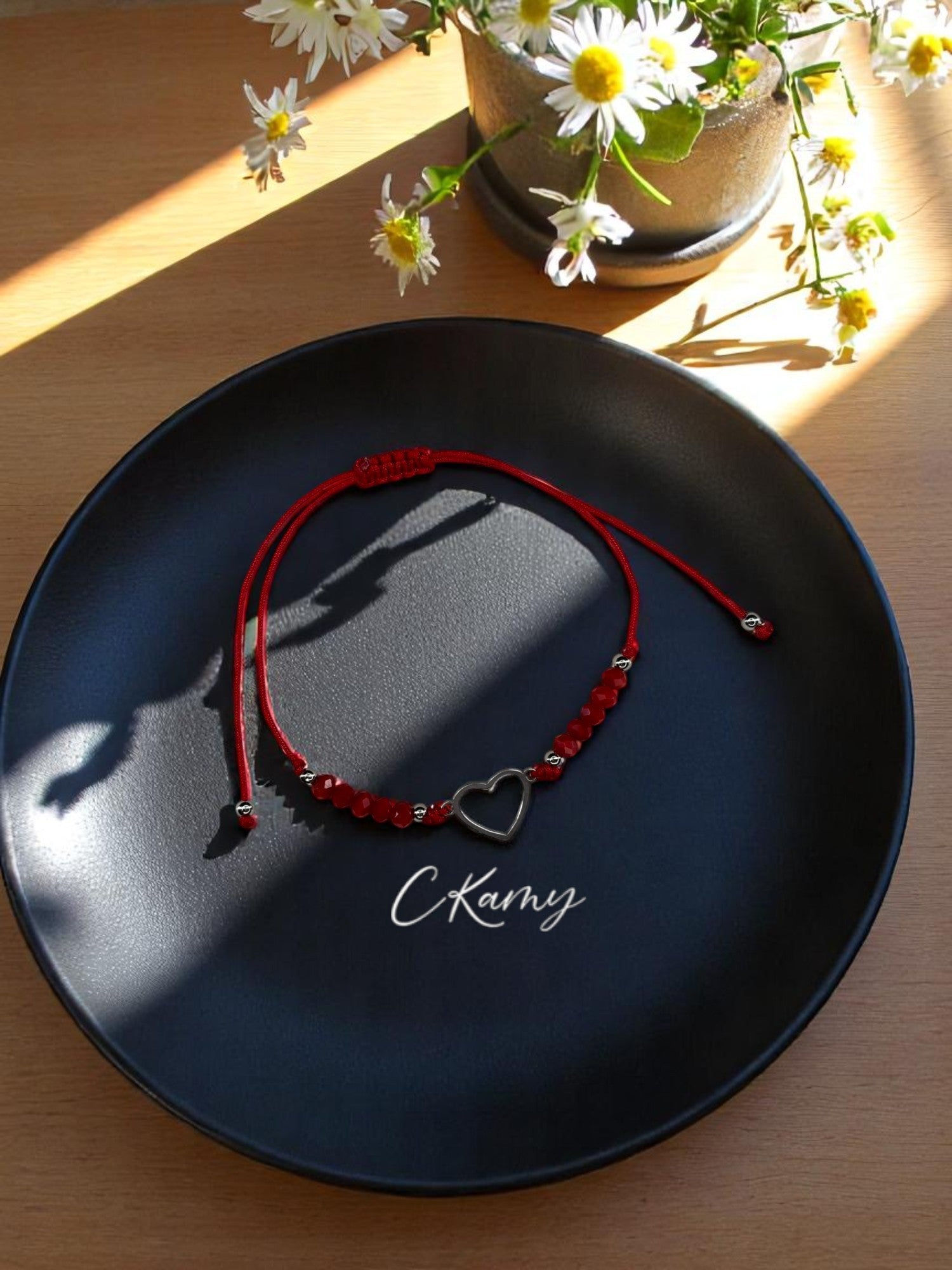 Bracelet femme cordon coeur argent facettes rouge