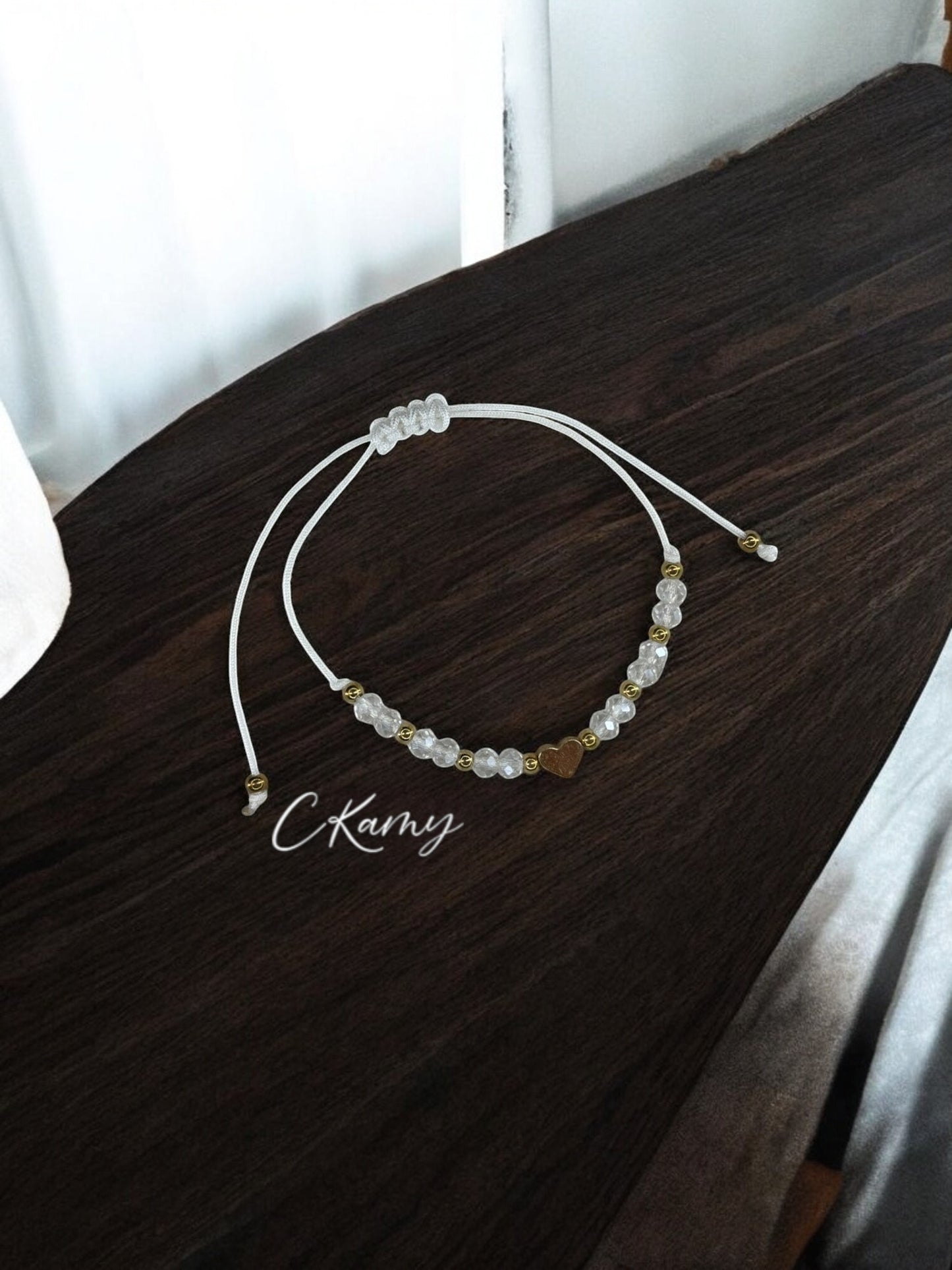 Bracelet femme cordon coeur doré facettes blanc