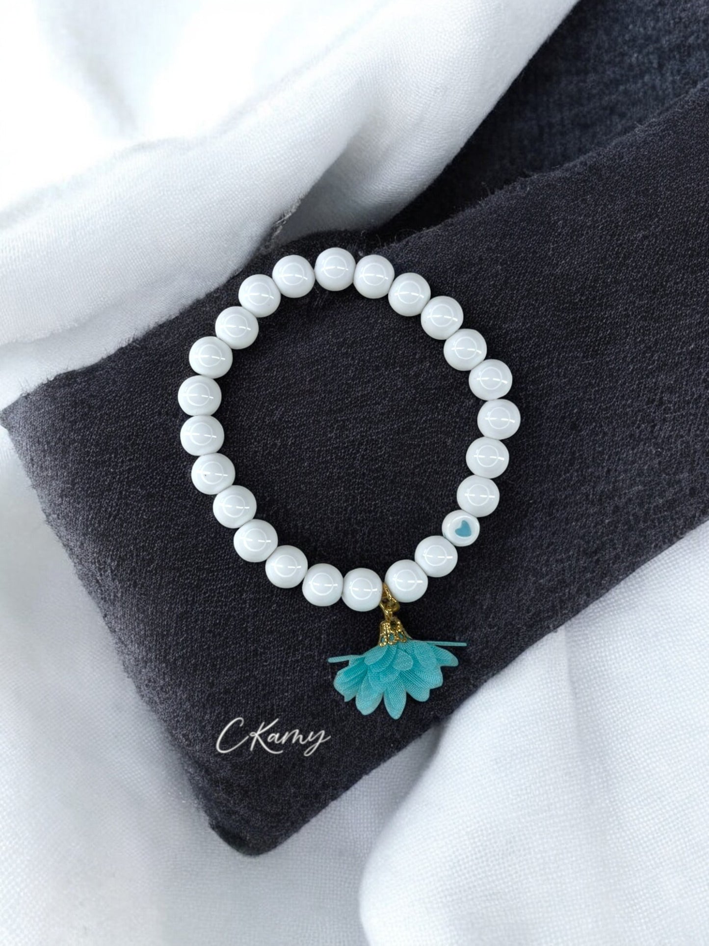Bracelet femme fleur tissu bleu turquoise coeur bleu