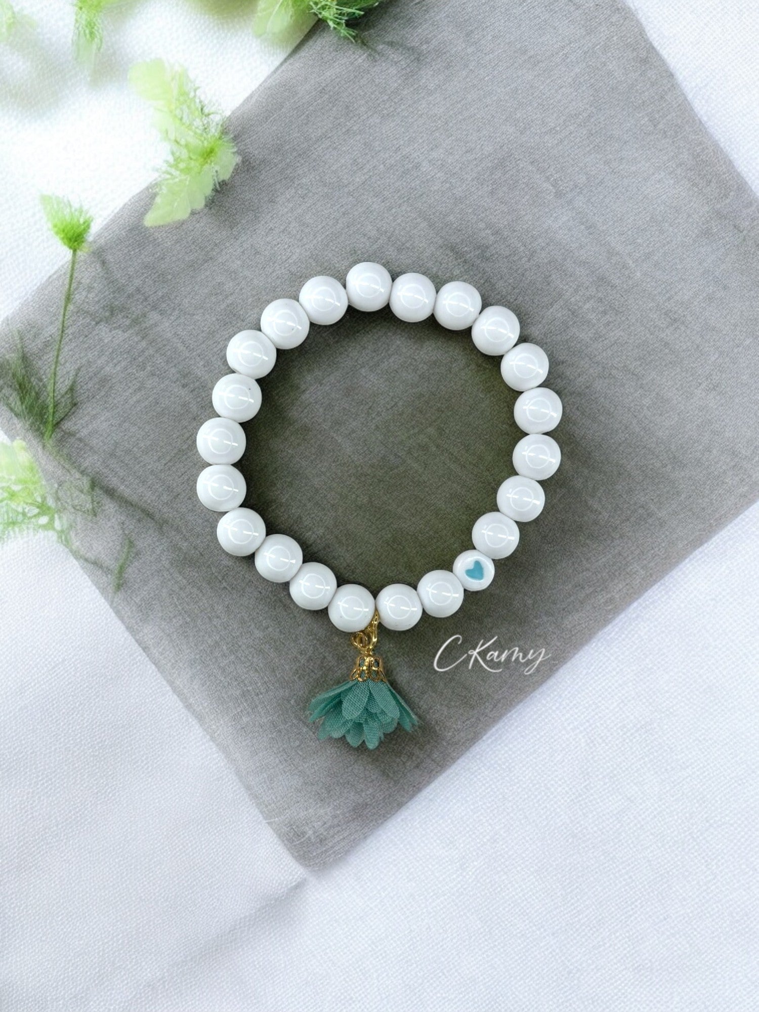 Bracelet femme fleur tissu bleu vert coeur bleu
