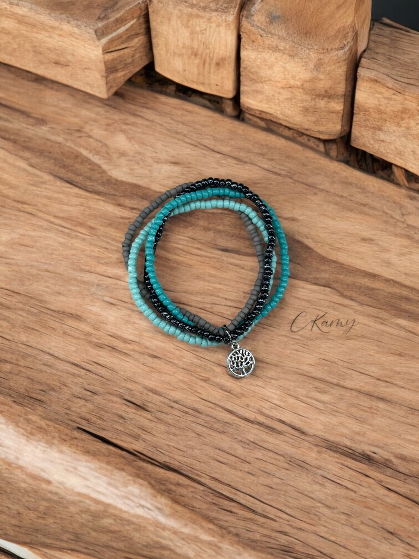 Bracelet femme multi rocailles arbre de vie bleu 2