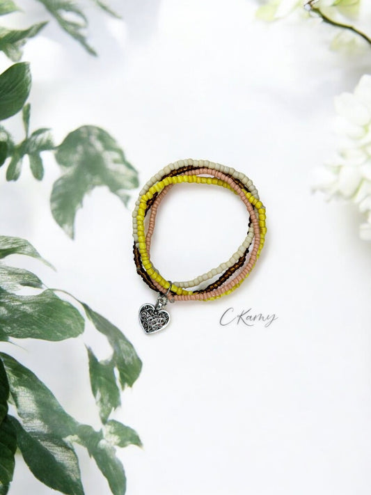 Bracelet femme multi rocailles coeur ancien jaune