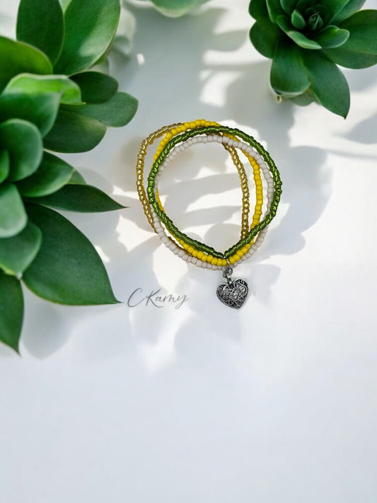 Bracelet femme multi rocailles coeur ancien jaune 1