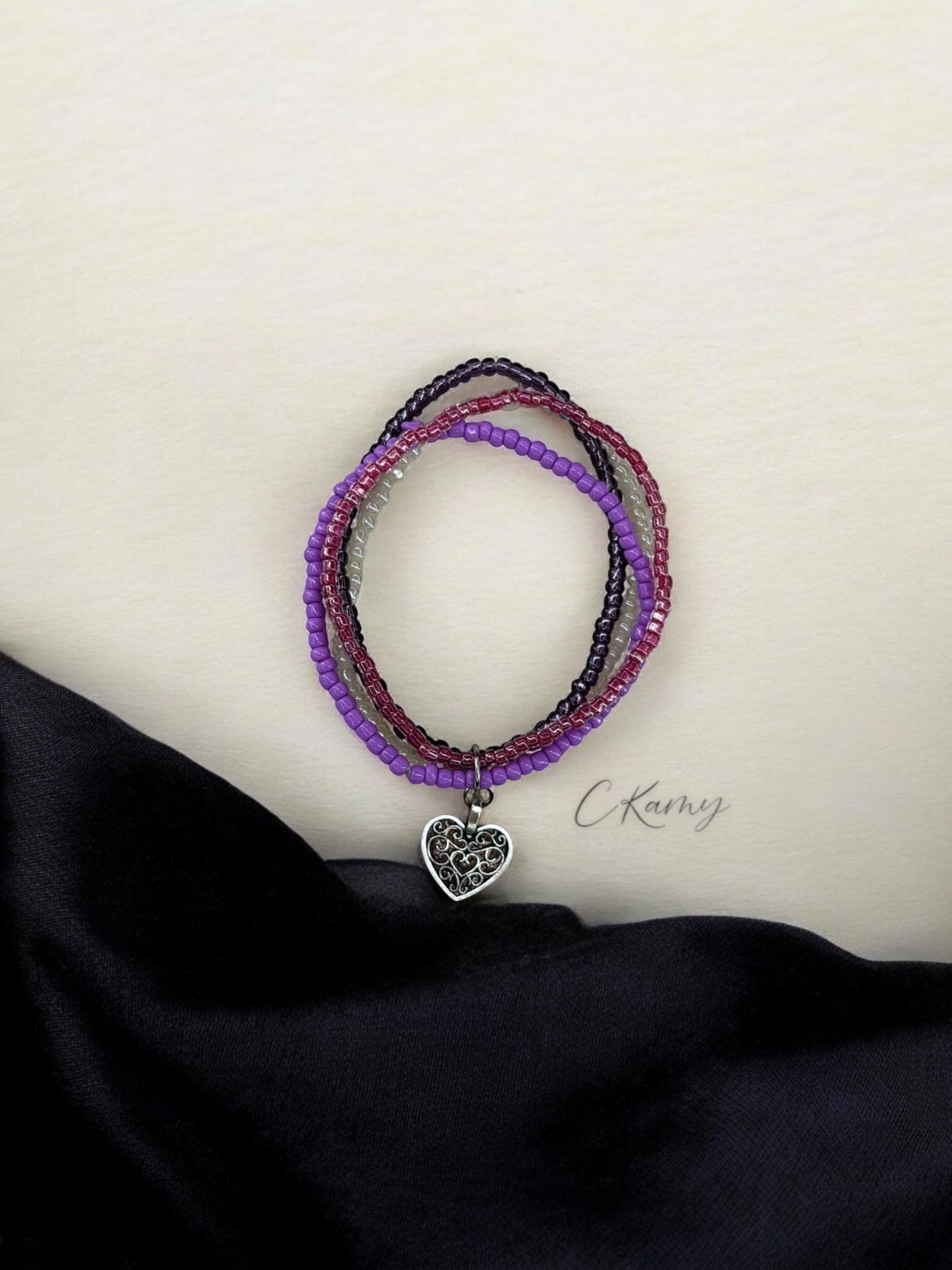 Bracelet femme multi rocailles coeur ancien violet