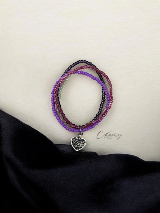 Bracelet femme multi rocailles coeur ancien violet