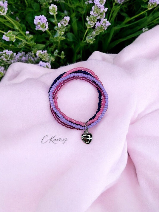 Bracelet femme multi rocailles coeur bombé violet