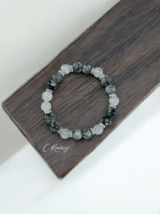 Bracelet femme perles alternées gris transparent