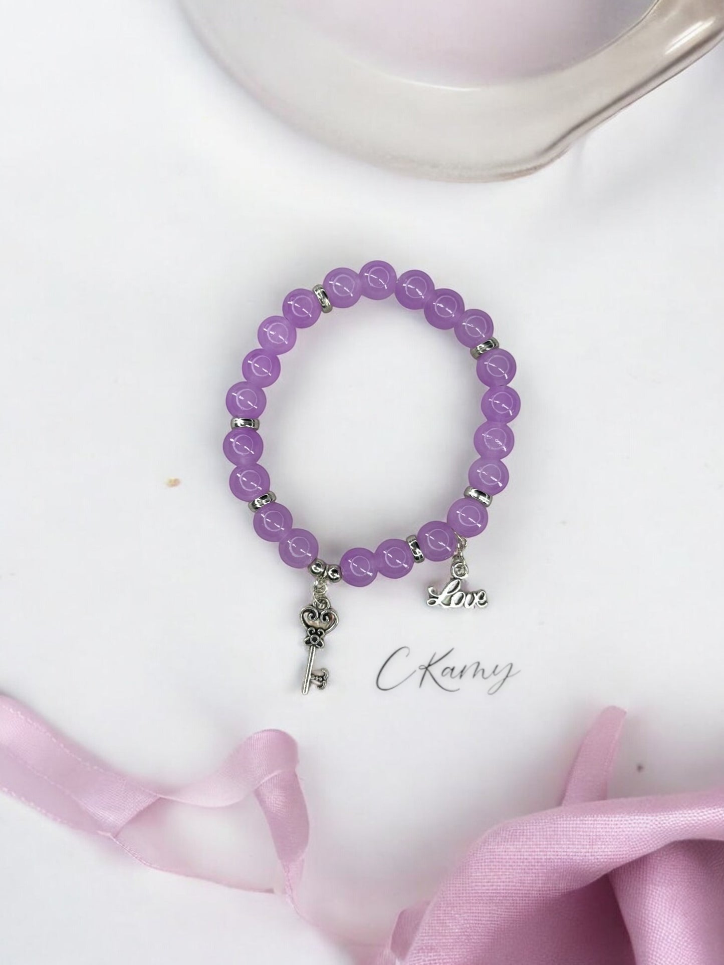 Bracelet femme perles de verre clé ancienne love argent violet