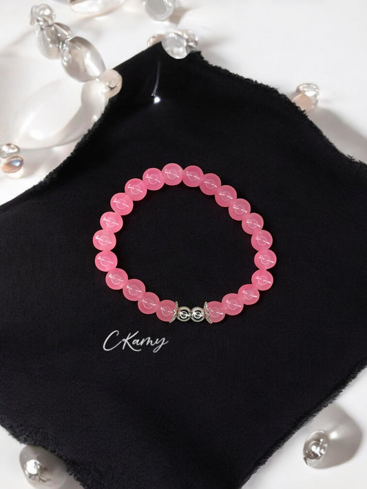 Bracelet femme perles de verre floral argent 6mm rose foncé