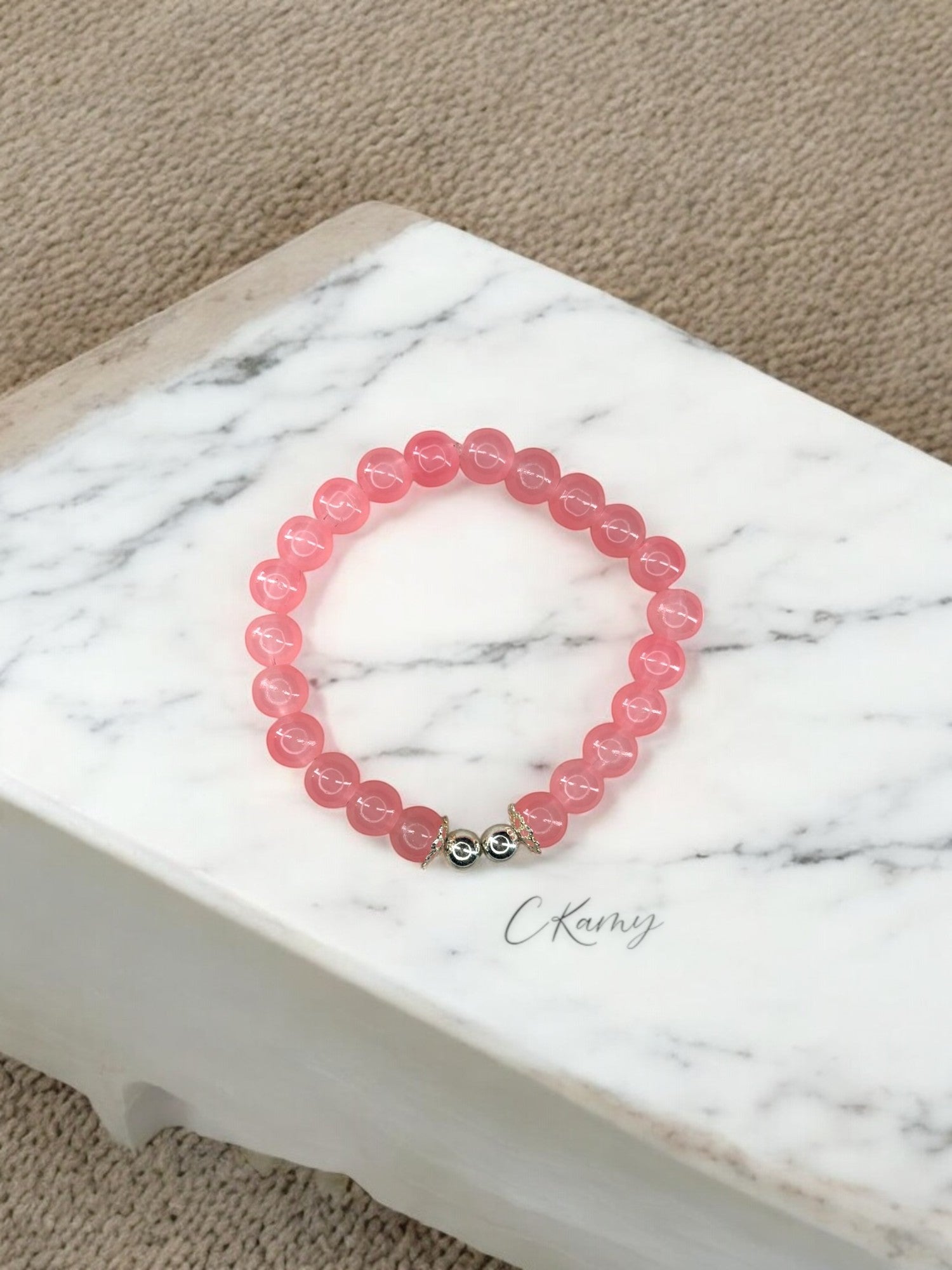 Bracelet femme perles de verre floral argent 6mm rose saumon