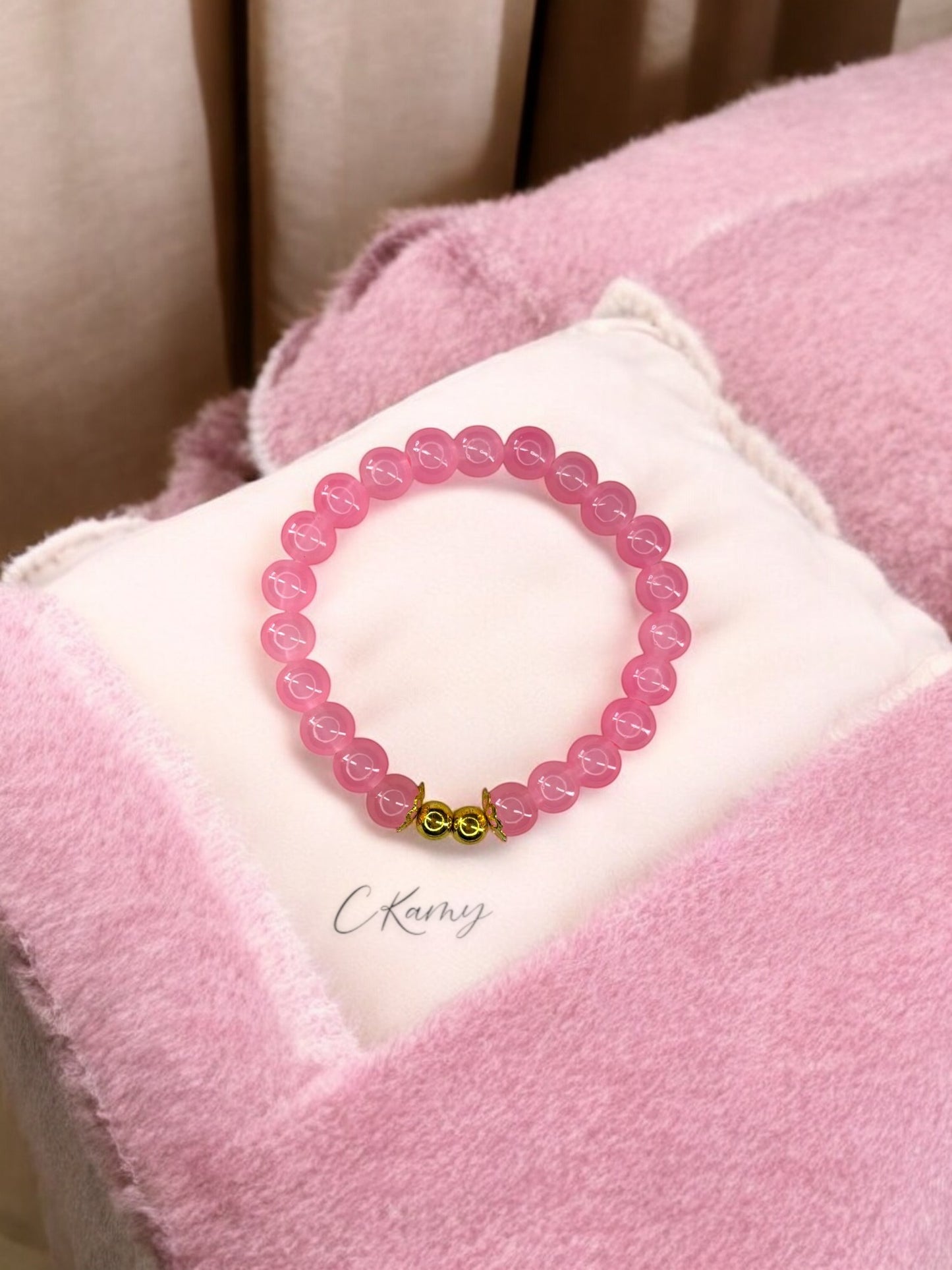 Bracelet femme perles de verre floral doré 6mm rose foncé