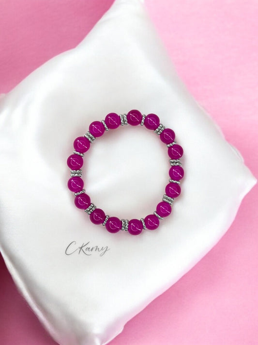 Bracelet femme perles de verre intercalaire argent rouge rose flash