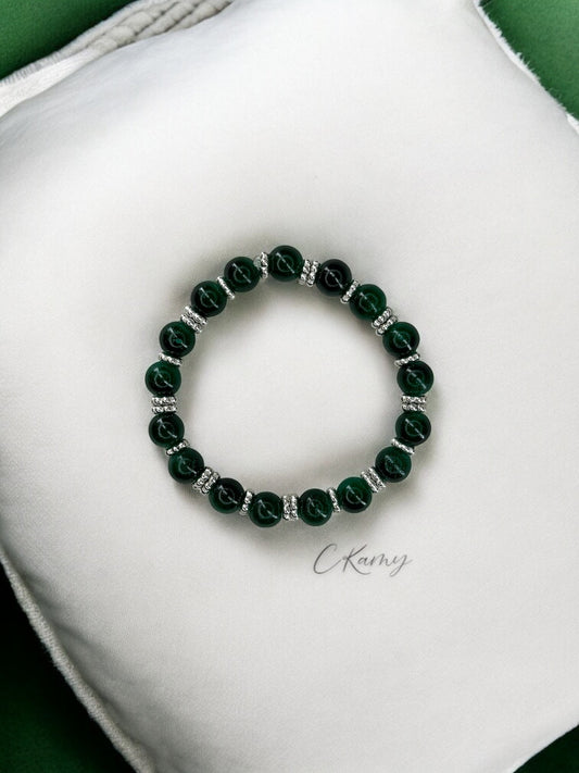 Bracelet femme perles de verre intercalaire argent vert foncé