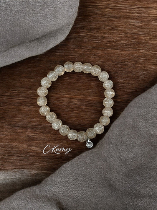 Bracelet femme perles de verres coquillage argent beige craquelé