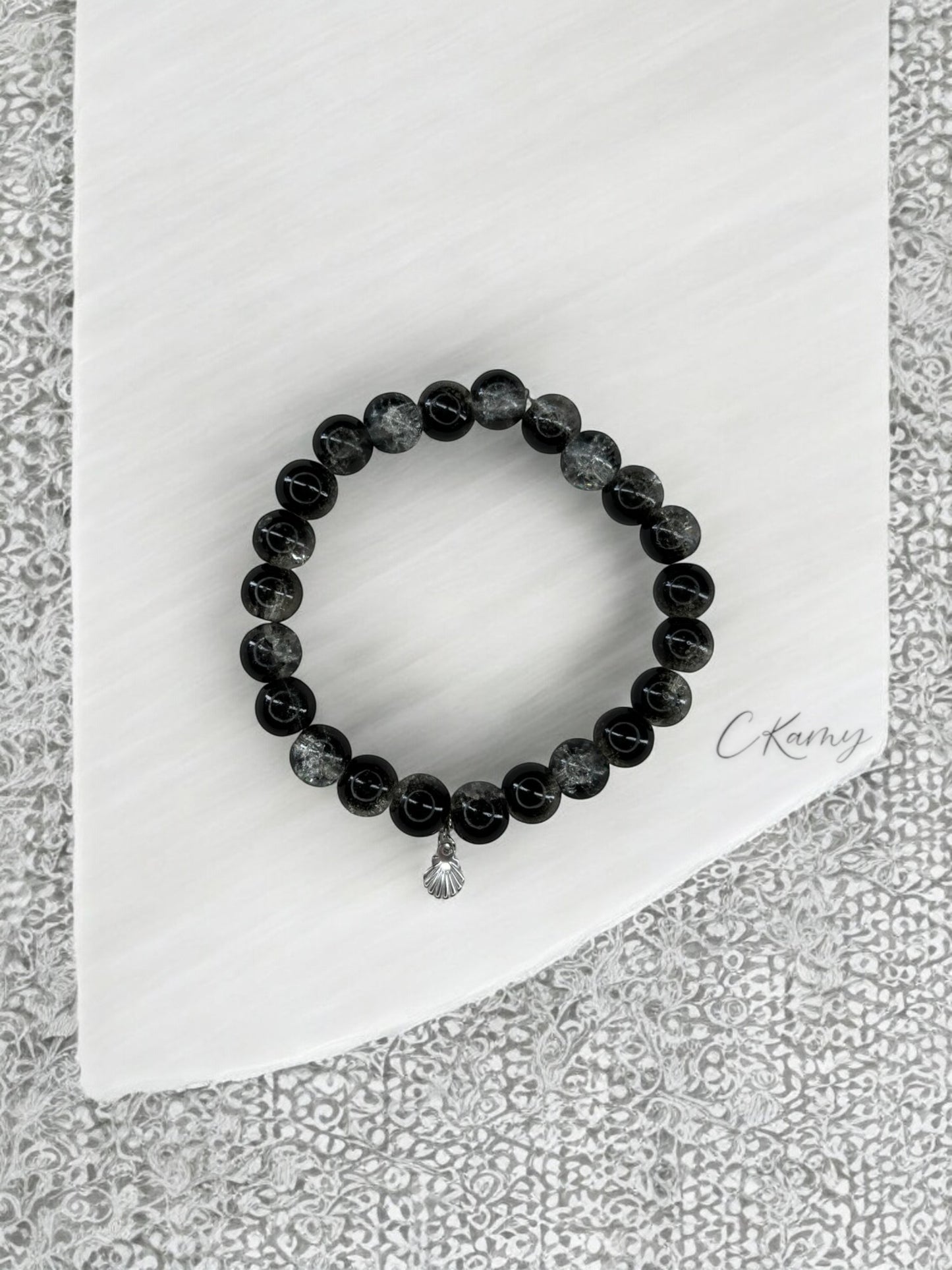 Bracelet femme perles de verres coquillage argent noir transparent craquelé