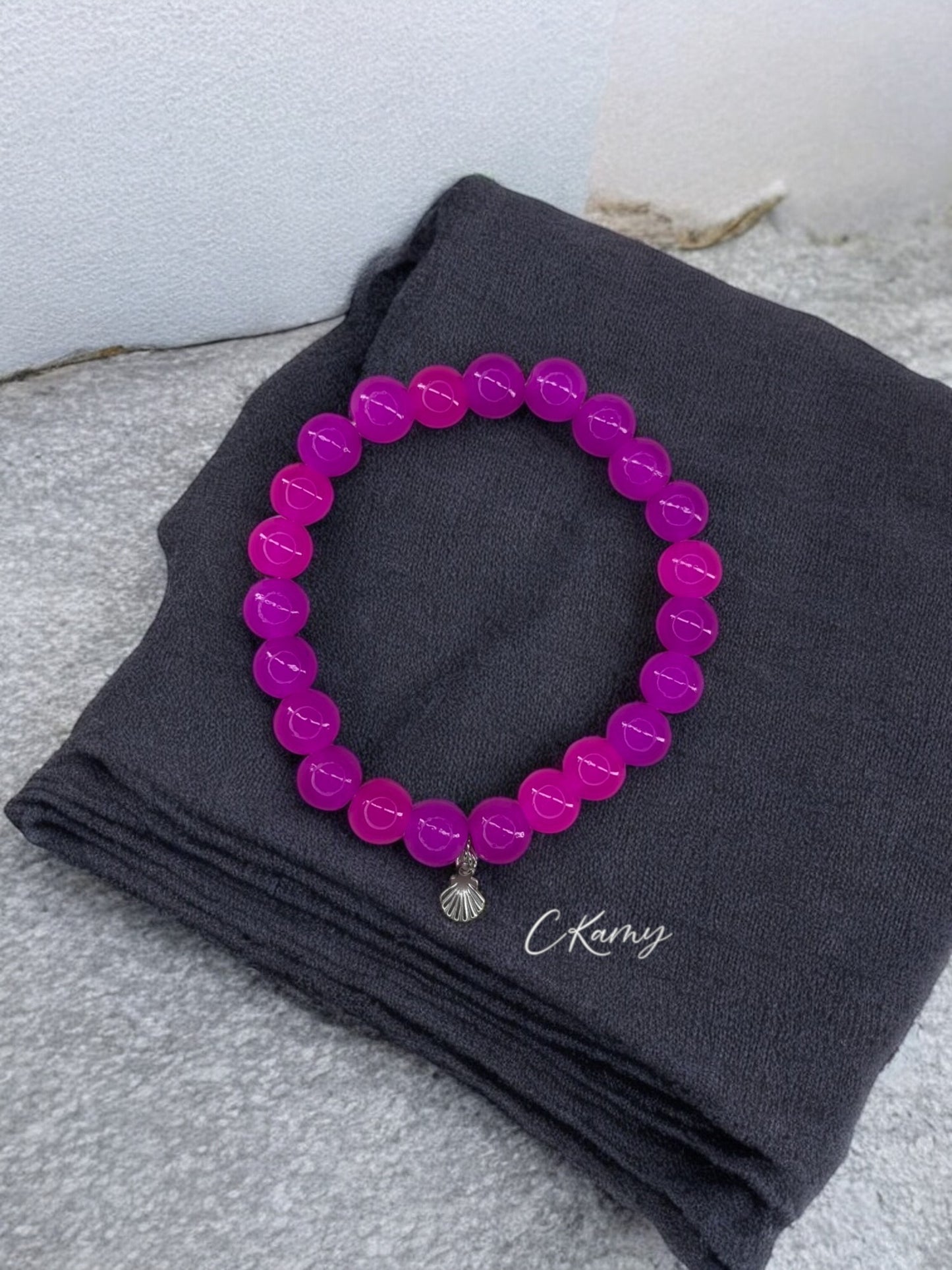 Bracelet femme perles de verres coquillage argent rose flash