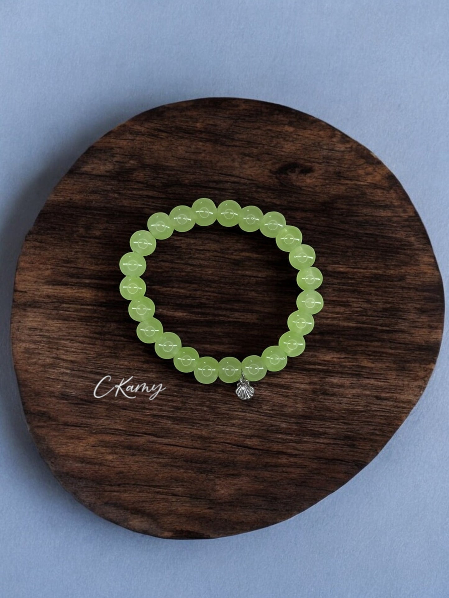 Bracelet femme perles de verres coquillage argent vert clair