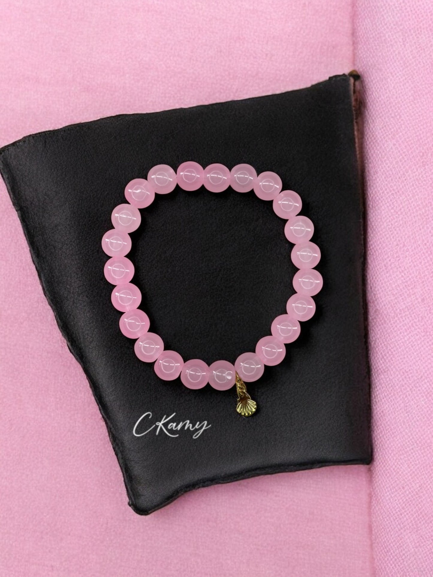 Bracelet femme perles de verres coquillage doré rose