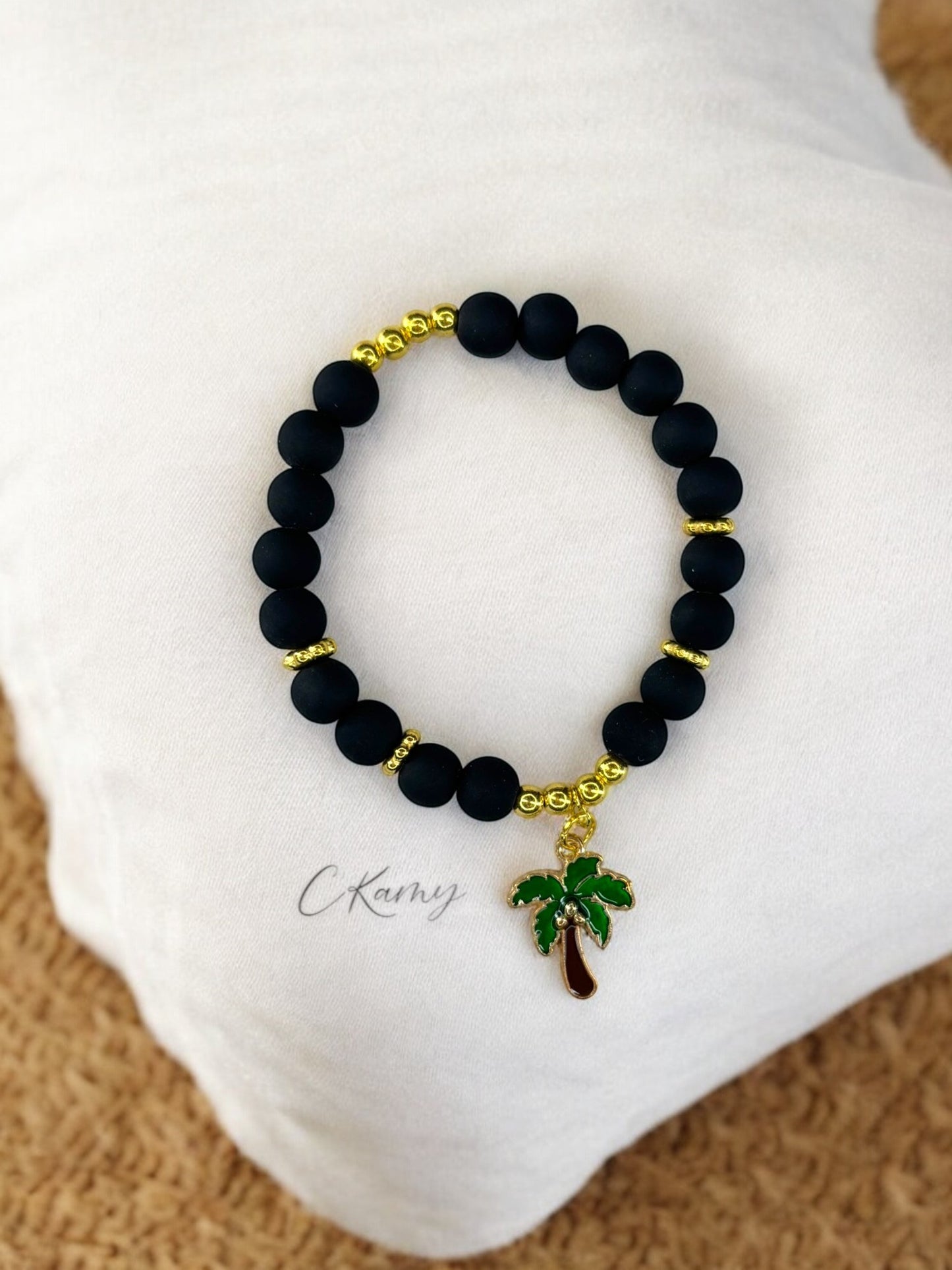 Bracelet femme perles mattes palmier noir