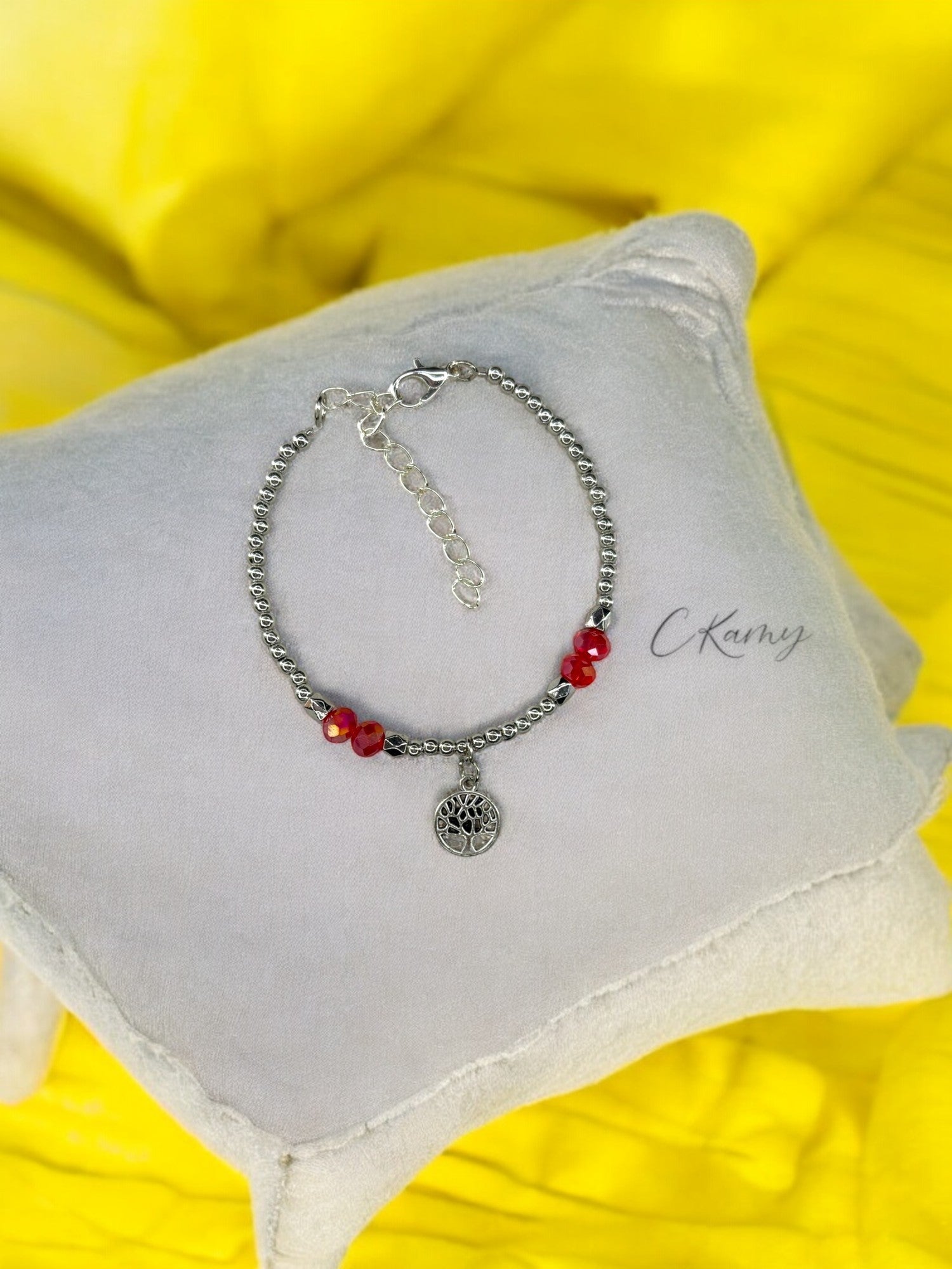 Bracelet femme petit arbre de vie argent rouge