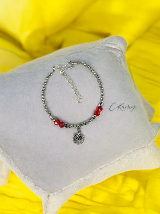 Bracelet femme petit arbre de vie argent rouge
