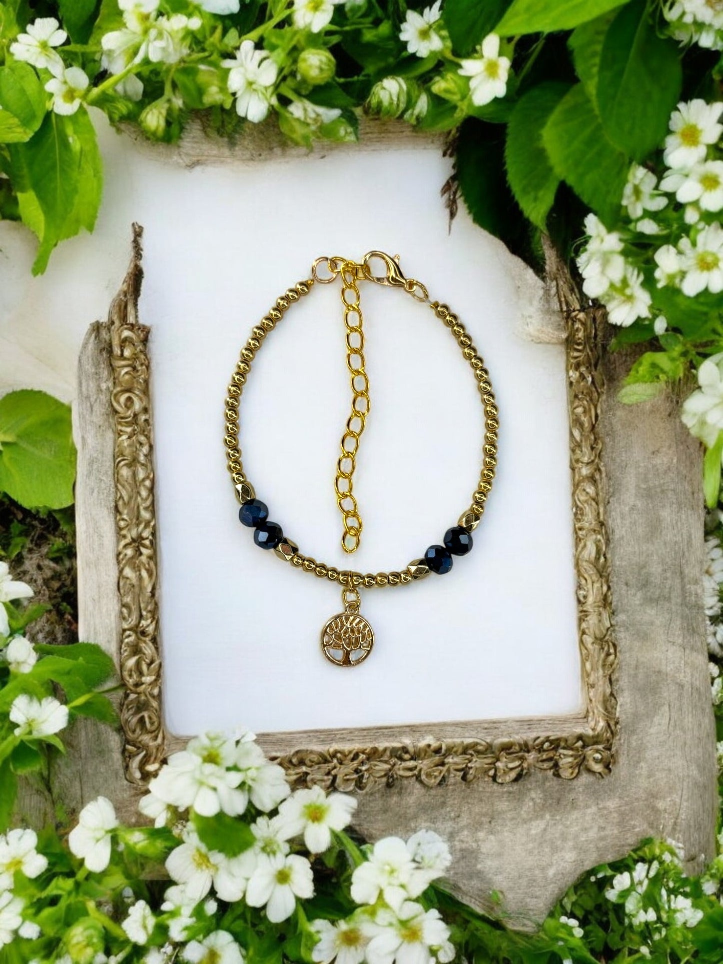 Bracelet femme petit arbre de vie doré bleu marine