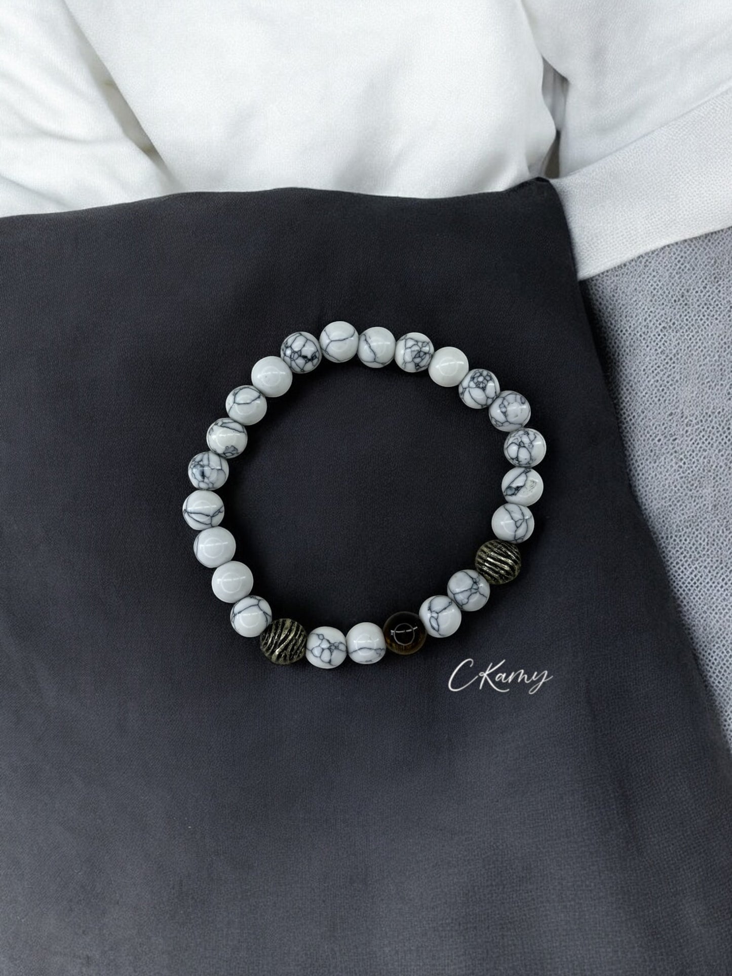 Bracelet homme boule spirale blanc à traits