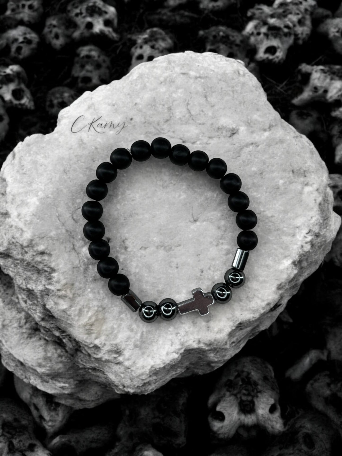 Bracelet homme croix noir brillant perles noir noir brillant