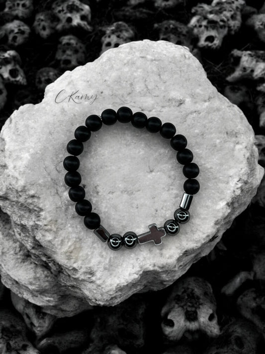 Bracelet homme croix noir brillant perles noir noir brillant
