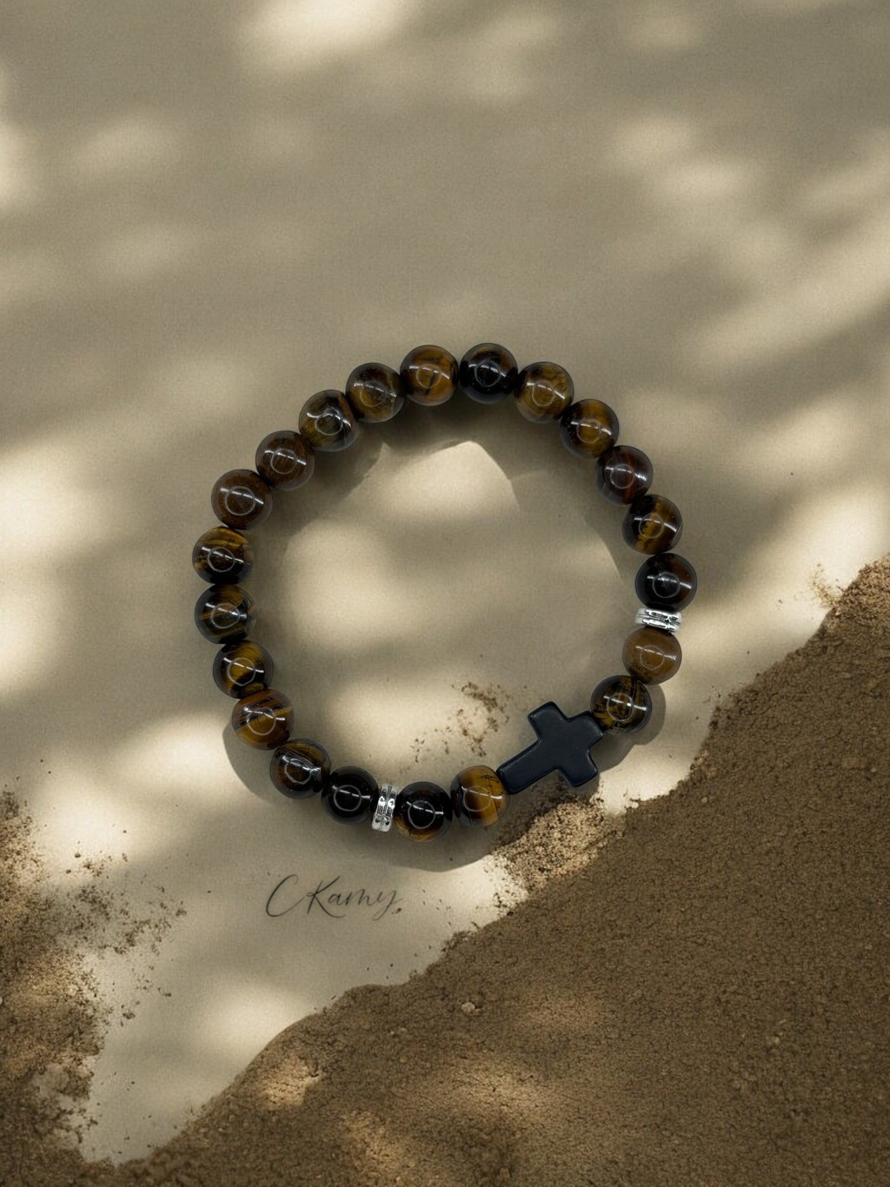 Bracelet homme croix noir perles marron