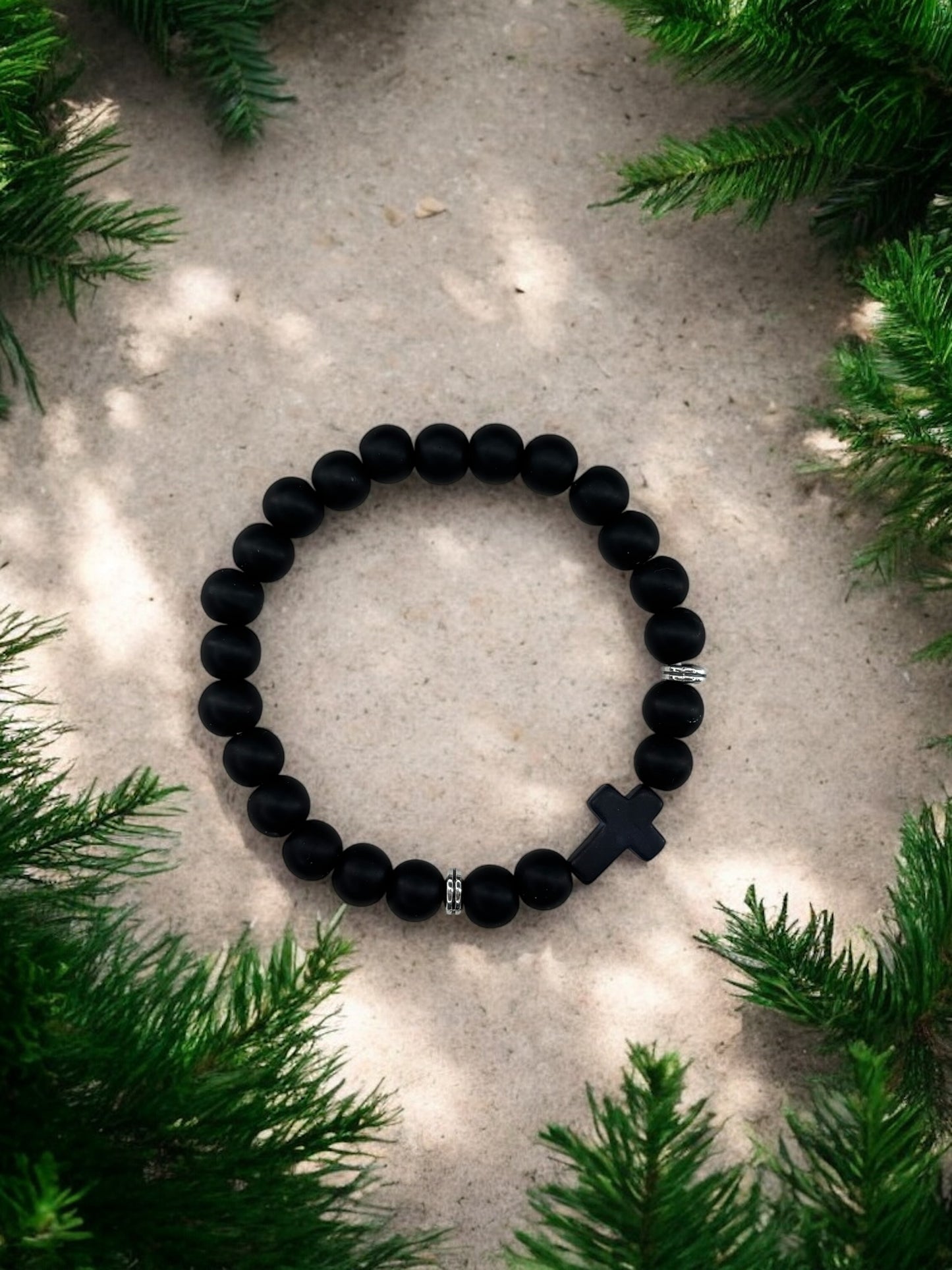 Bracelet homme croix noir perles noir