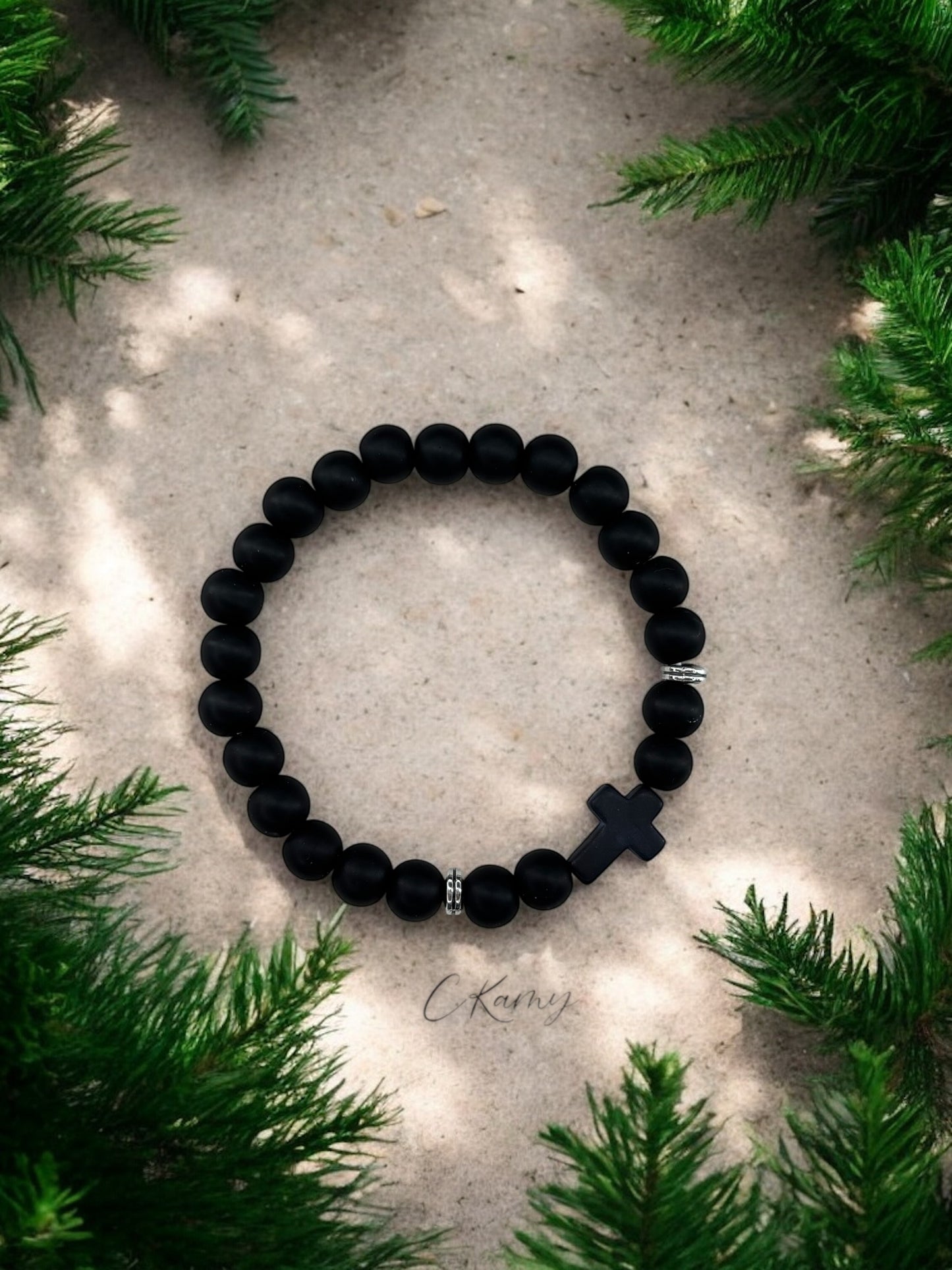 Bracelet homme croix noir perles noir