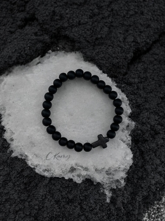 Bracelet homme croix noir perles noir simple