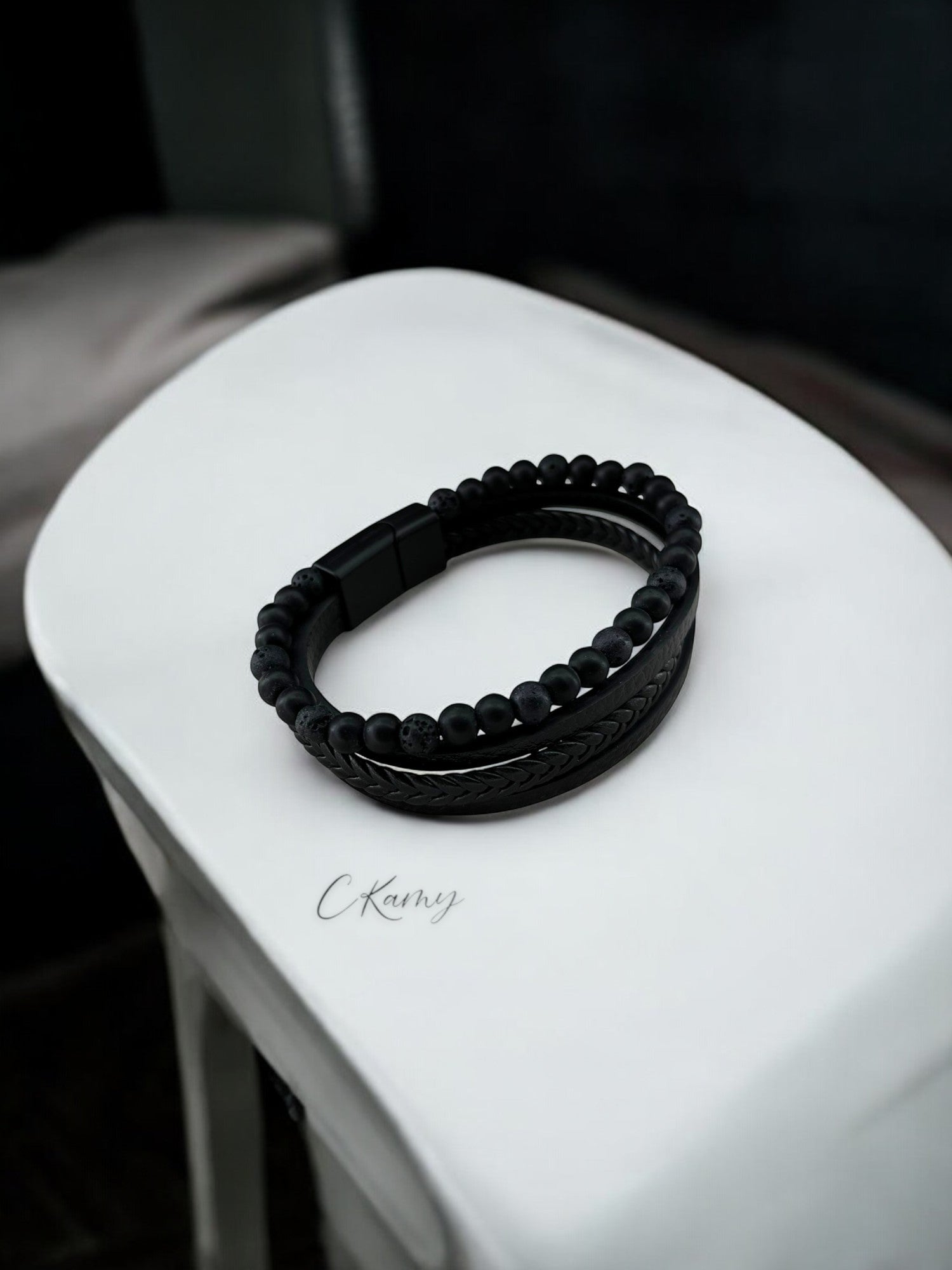 Bracelet homme cuir grand perle noir