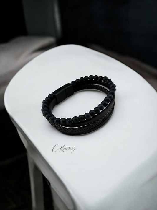 Bracelet homme cuir grand perle noir